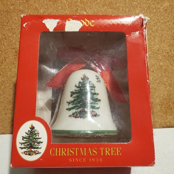 Vintage Spode Christmas Tree Bell Ornament With Red Ribbon England NOS Santa - Picture 6 of 7